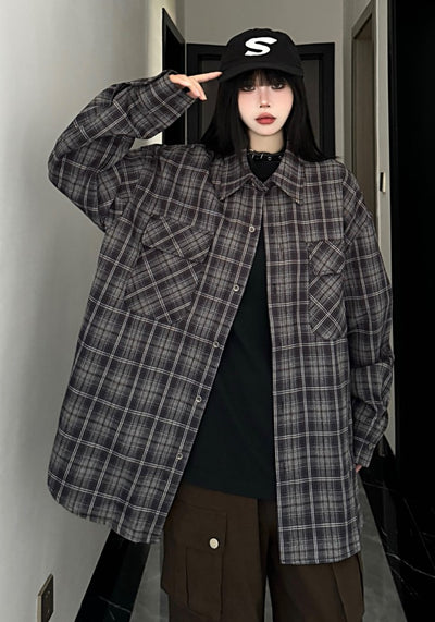 【W3】Basic dark color check pattern design long sleeve shirt  WO0085