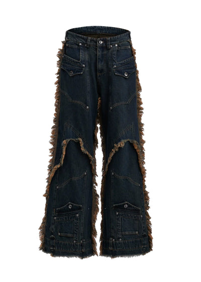 【Culture E】Full fringe distressed blue gimmick denim pants  CE0135