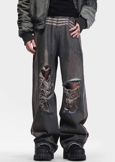 【VINMUK】Frayed and distressed side line design dull denim pants  VM0010