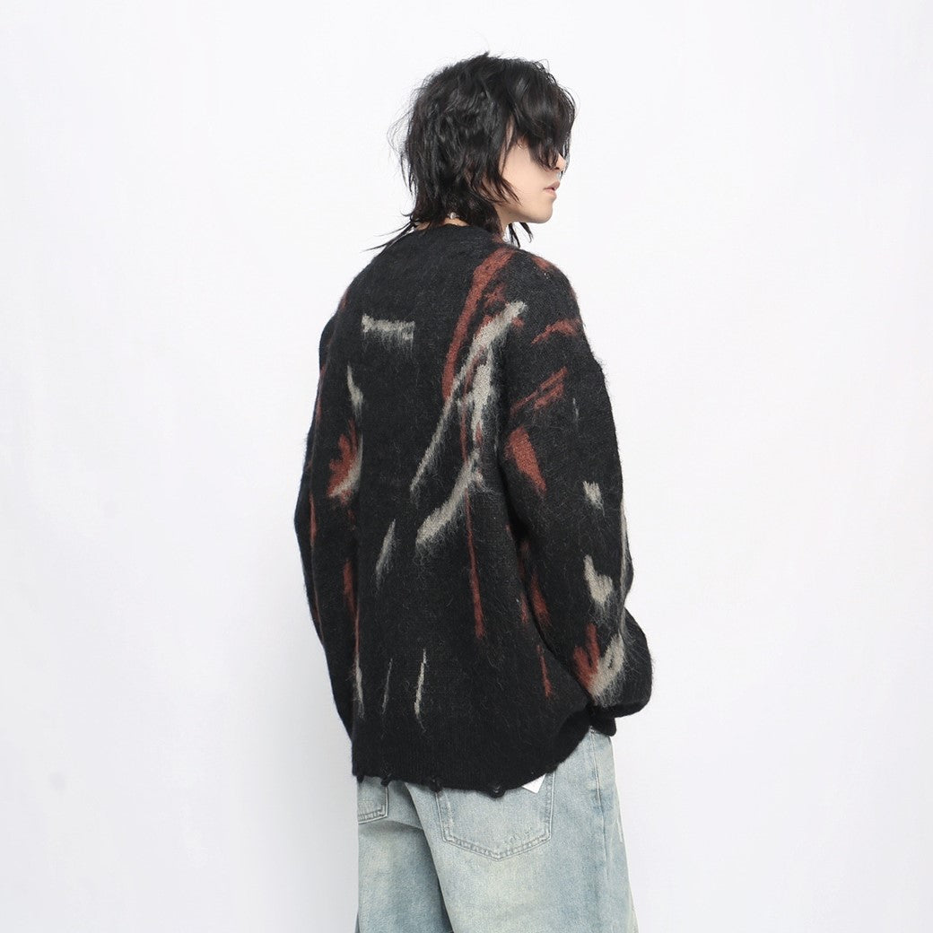 【Mz】Dark multi-color design mohair silhouette knit sweater  MZ0039