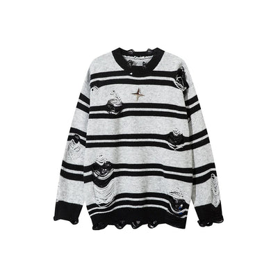 【NOONOZ】Simple border design fully damaged subculture knit sweater  NN0010