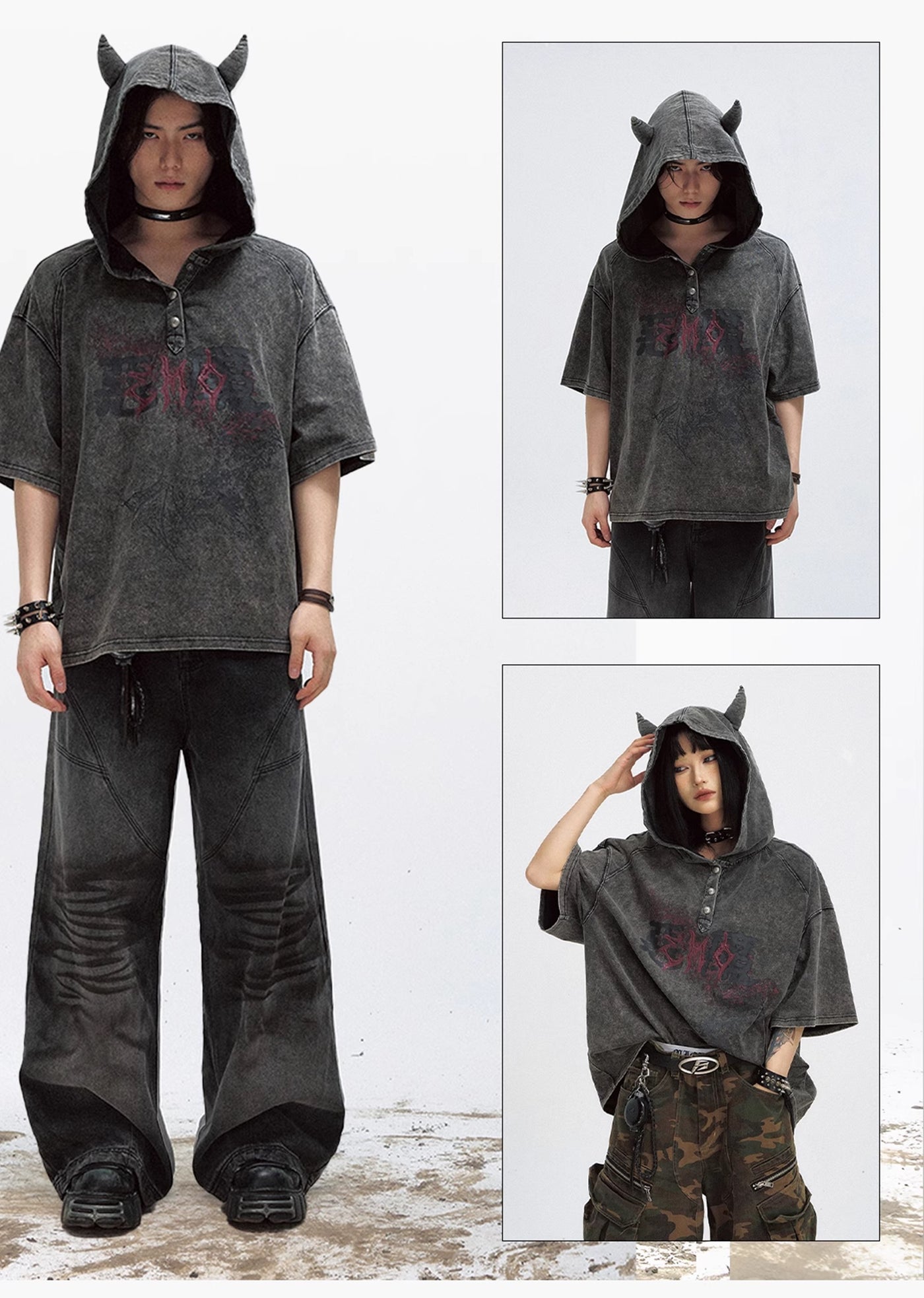 【People Style】Wide oversized silhouette dull color devil design hoodie T-shirt  PS0034