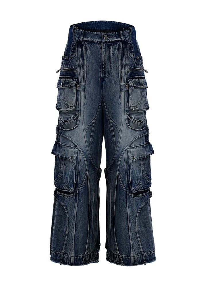 【Culture E】Wide gimmick silhouette mid-wash chain denim cargo pants  CE0155