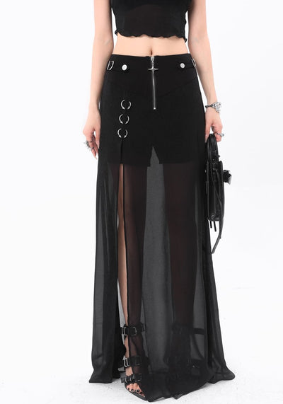 【ROY11】See-through design flared over silhouette black skirt  RY0012