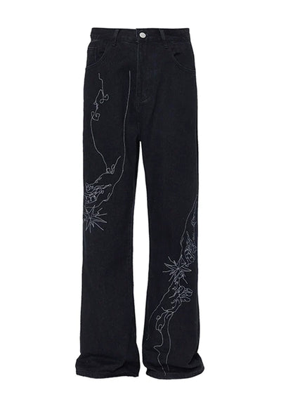 [76street] Partial floral design monotone color wide denim pants ST0009