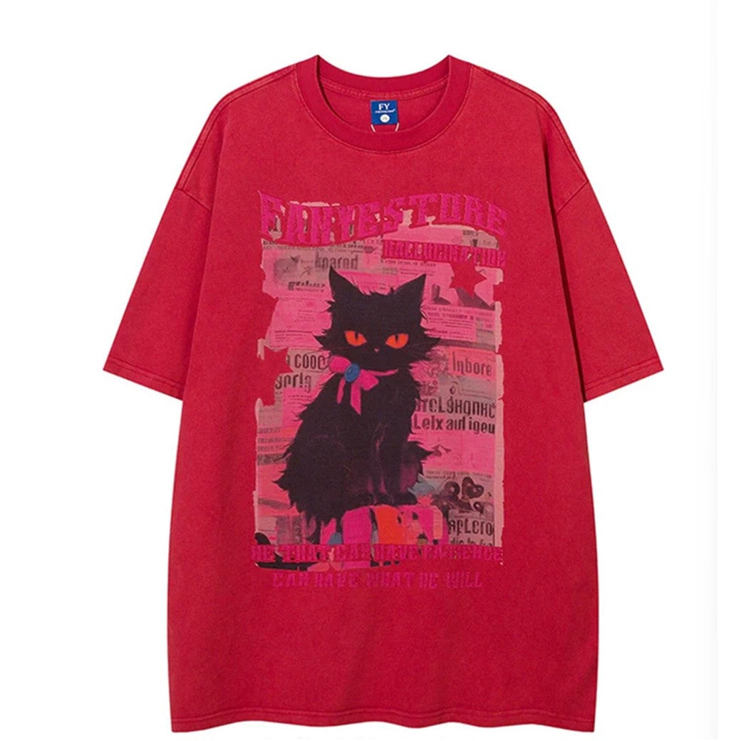 【NIHAOHAO】Cute black cat design animal short sleeve T-shirt  NH0136