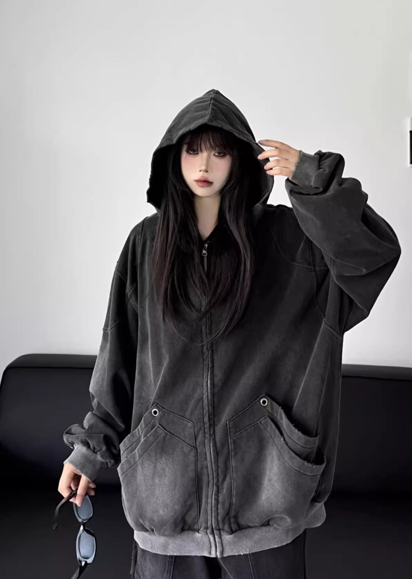 【W3】Basic black wash simple full zip hoodie  WO0077