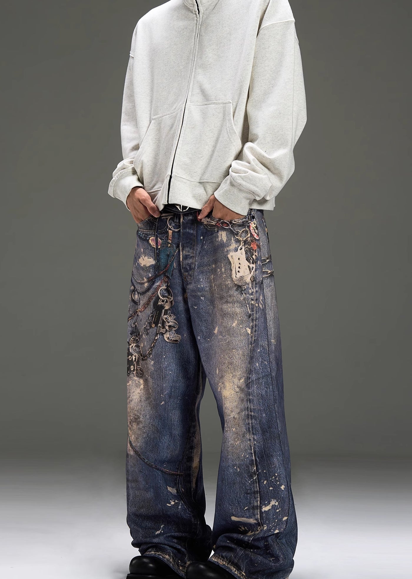 【MAXDSTR】Multi-illustration design changing silhouette dull denim pants  MD0168