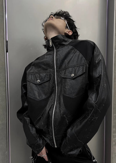 【SOULWORKER】Black Gimmick Leather Wide Full Zip Jacket Outerwear  SW0019