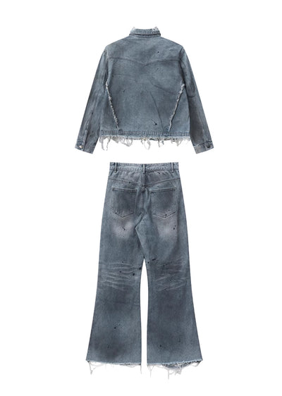 【CUIBUJU】Vintage faded washed distressed denim setup  CB0042