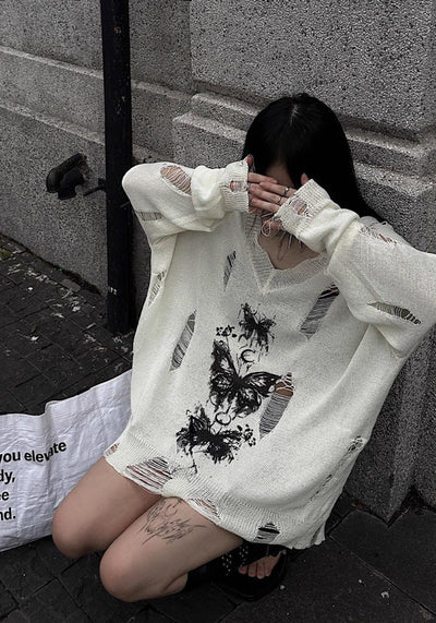 【TR BRUSHSHIFT】Mid-length distressed butterfly design sheer knit  TB0051