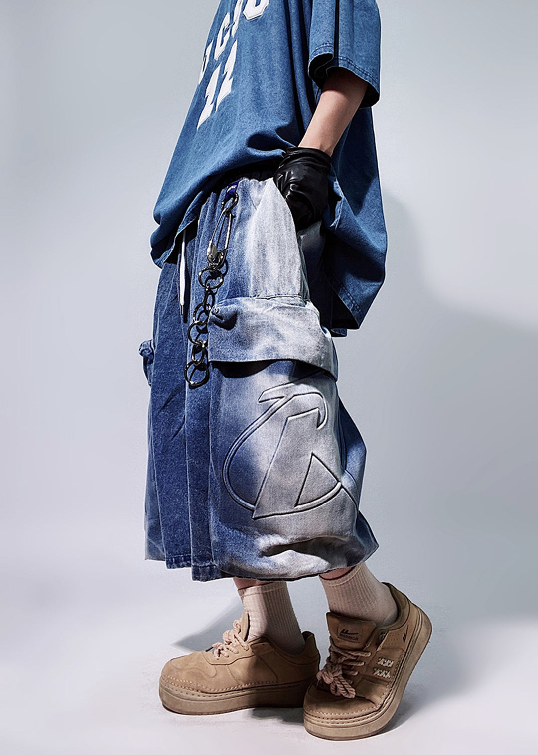 UUCSCC】Line washed wide silhouette street short denim pants