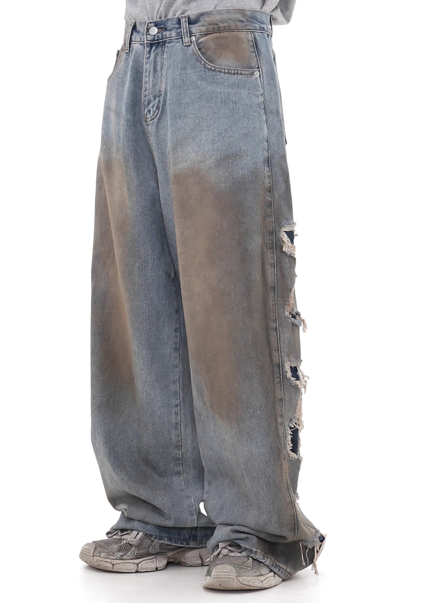 【GIBBYCNA】Grunge style stain design draw damage wide denim pants  GC0017