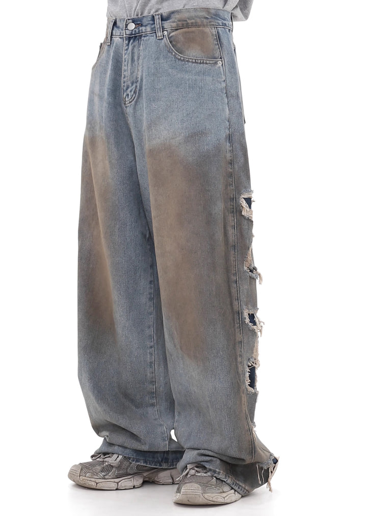 GIBBYCNA】Grunge style stain design draw damage wide denim pants 