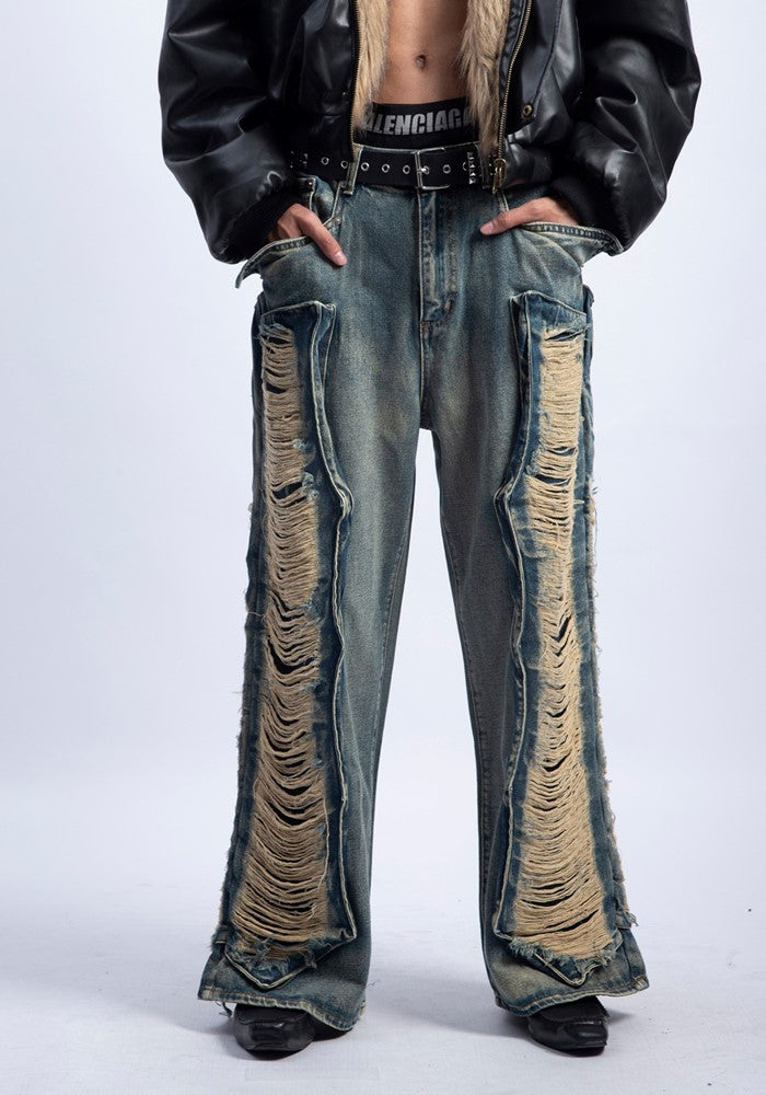 Gimmick Design 【PLAN1ONE】Side damage processing gimmick design wide straight denim pa ...