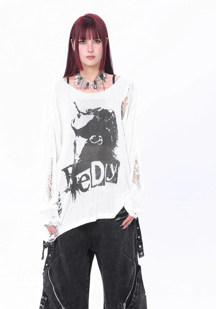 【ROY11】Myriad Damage Design White Color Grunge Illustration Long Sleeve T-Shirt  RY0013