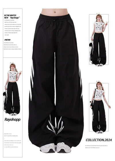 [Rayohopp] Side white line design wide sporty pants RH0109