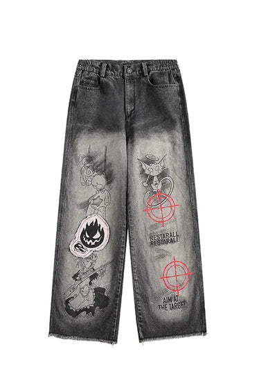 【Rayohopp】Front multi-graffiti design washed denim pants  RH0127