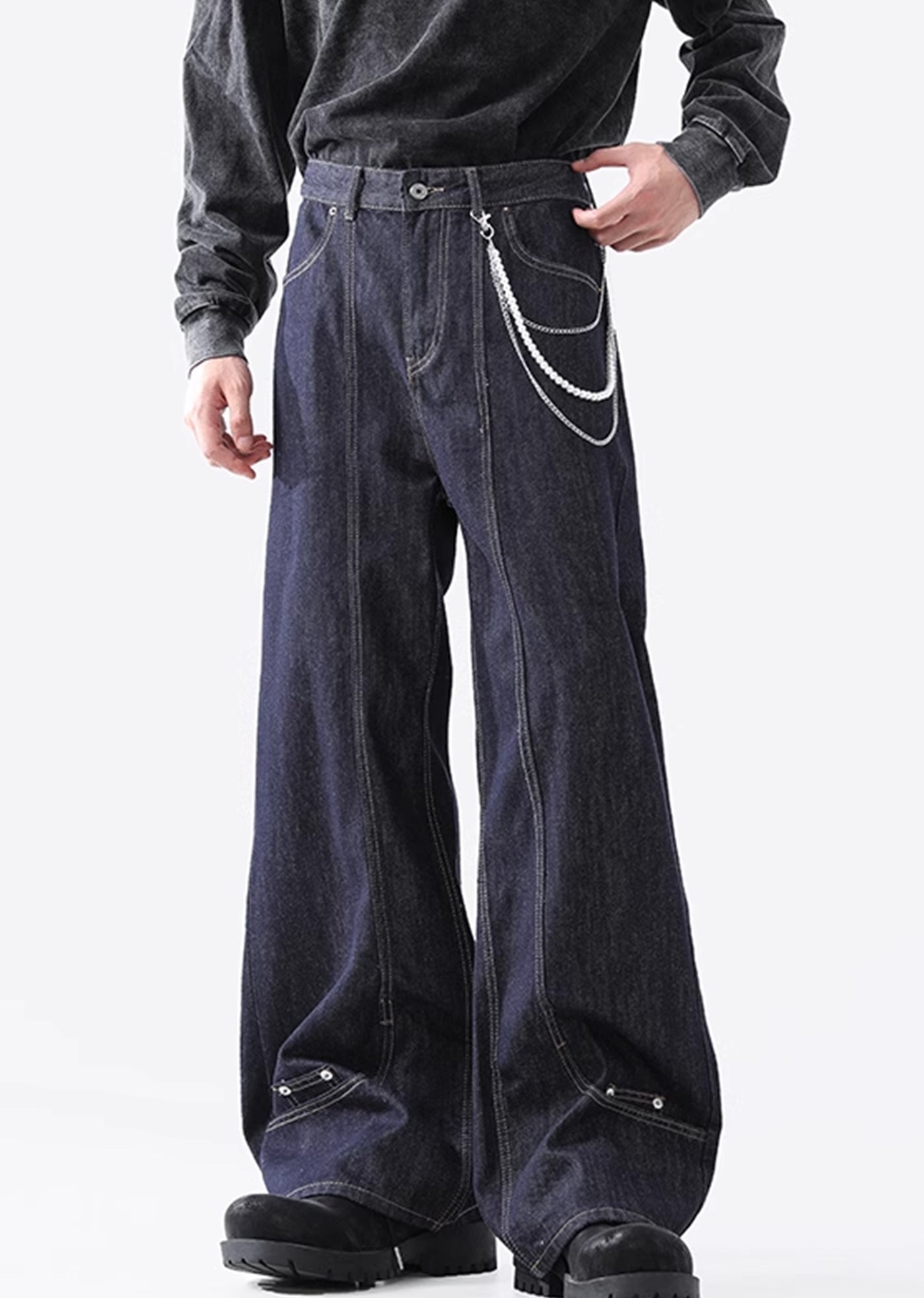 【ACRARDIC】Stitched basic navy blue wide denim pants  AI0012