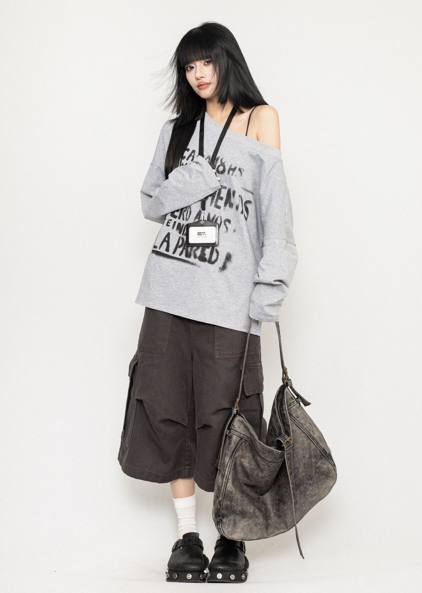 【ZERO STORE】Asymmetrical design front initial casual long sleeve T-shirt  ZS0076