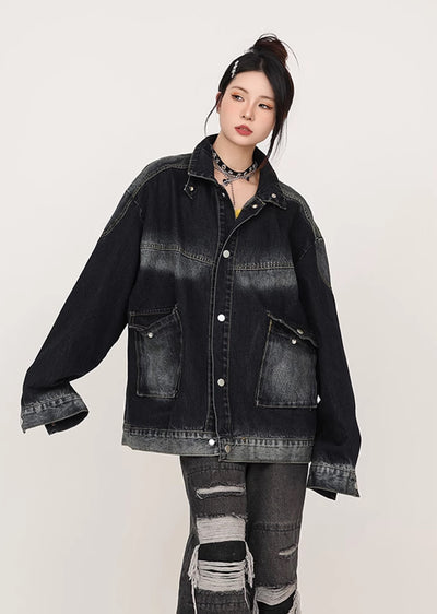 【CEDY】Random wash basic style black denim jacket  CD0053