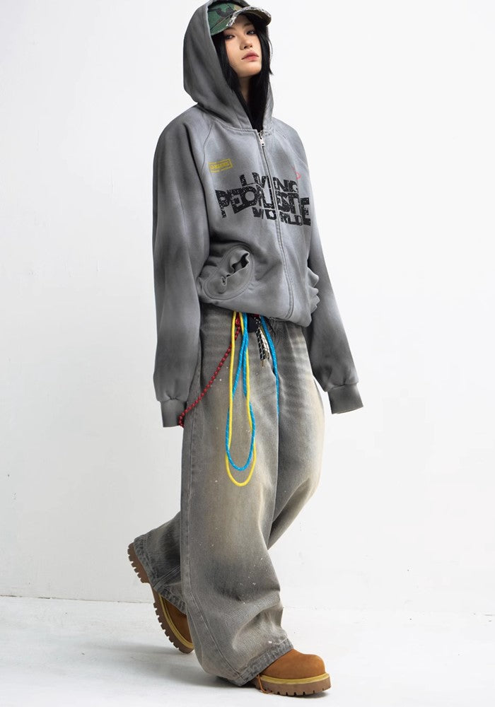 【People Style】Wordler Dull Base Wash Full Zip Initial Hoodie  PS0042