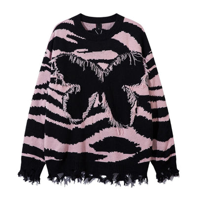 【Mz】Front fringe butterfly design mid-length distressed knit sweater  MZ0046