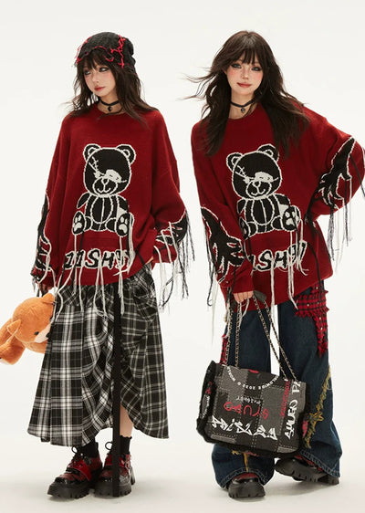 【Eleven shop97】Subculture bear illustration front design red knit sweater  ES0030