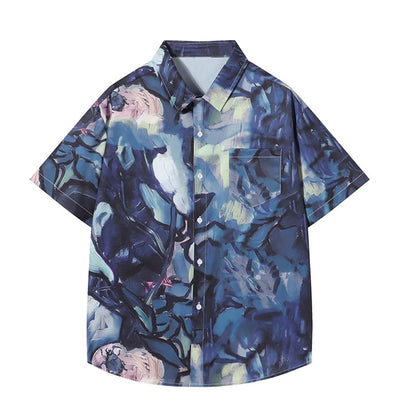 【ANAMONE】Random blue design color wide over short sleeve shirt  AO0023