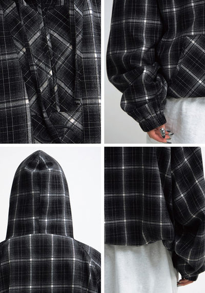 【People Style】Regular dark base color check design half zip hoodie  PS0049