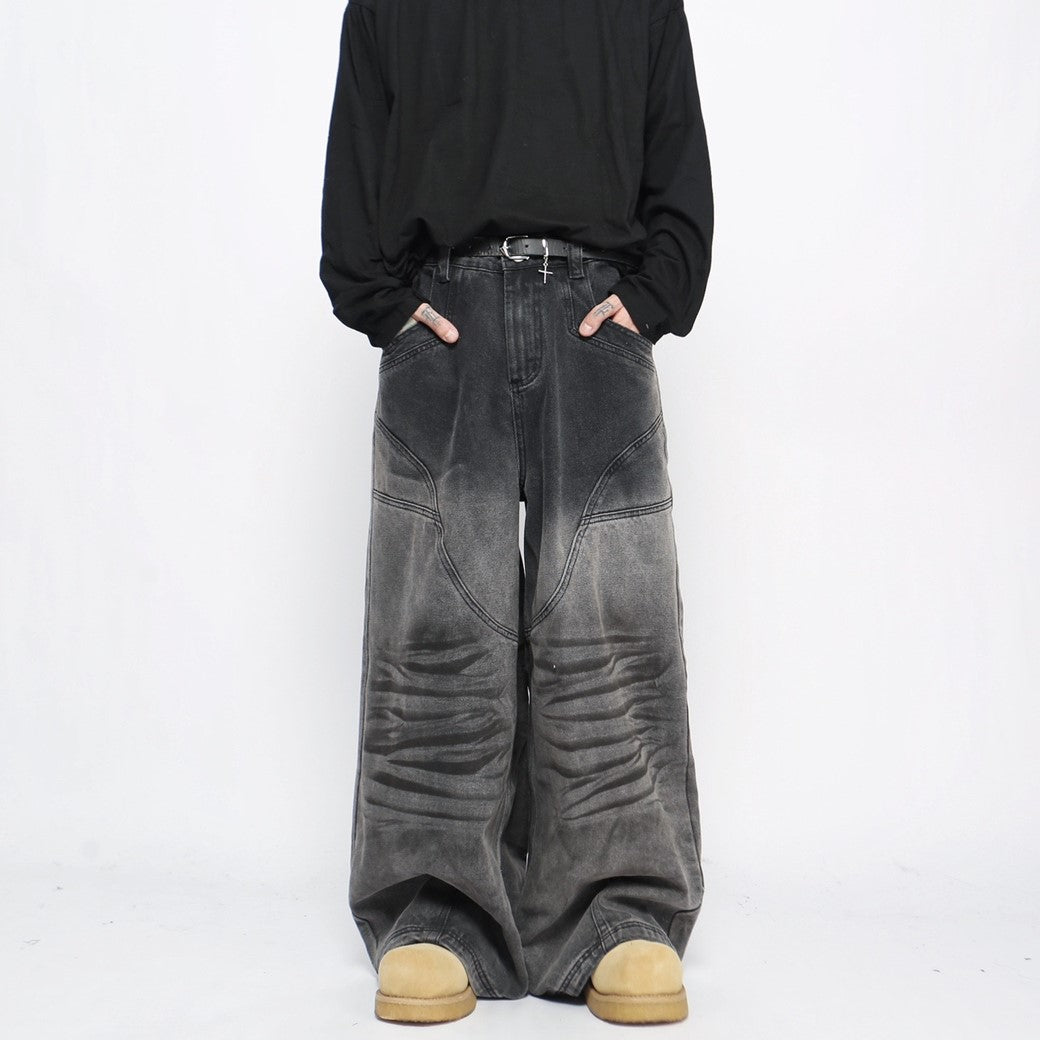 【Mz】Gradient gray black color wide straight denim pants  MZ0038