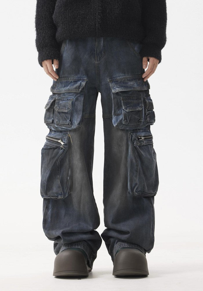 【BTSG】Dull blue wash design cargo denim pants  BS0047