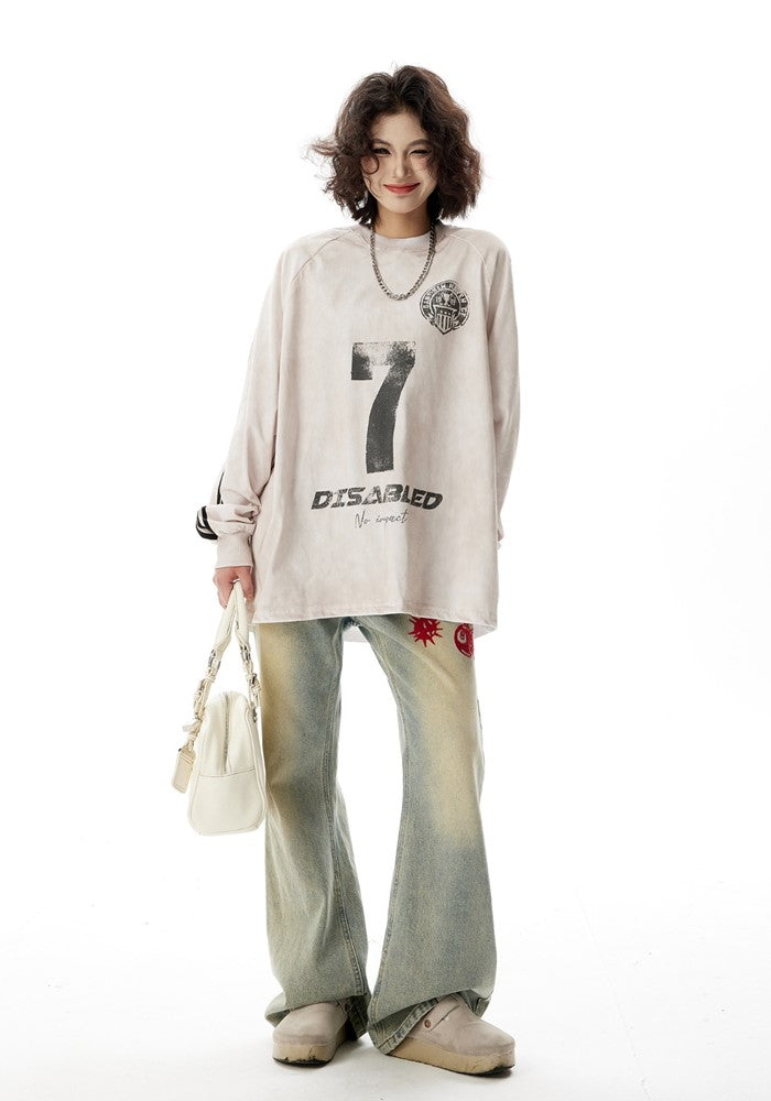 【H GANG X】Side line front number design loose long sleeve T-shirt  HX0101