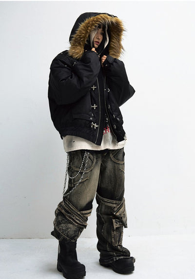 【People Style】Faux fur hood design double gimmick belt type jacket outerwear  PS0051