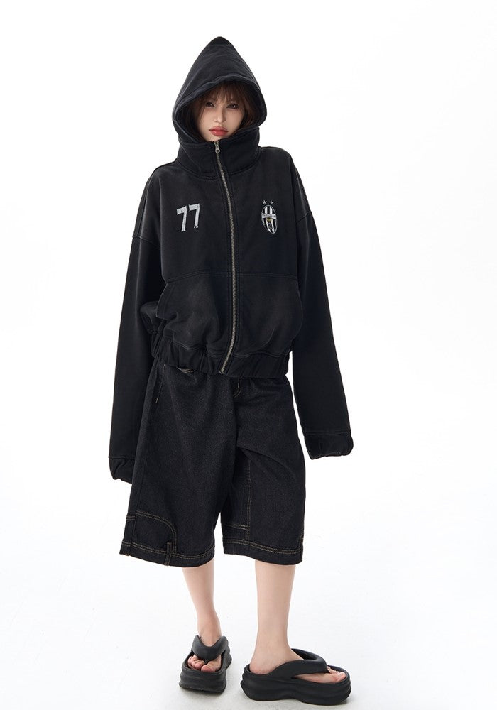 【H GANG X】One point college logo design full zip short length hoodie  HX0092