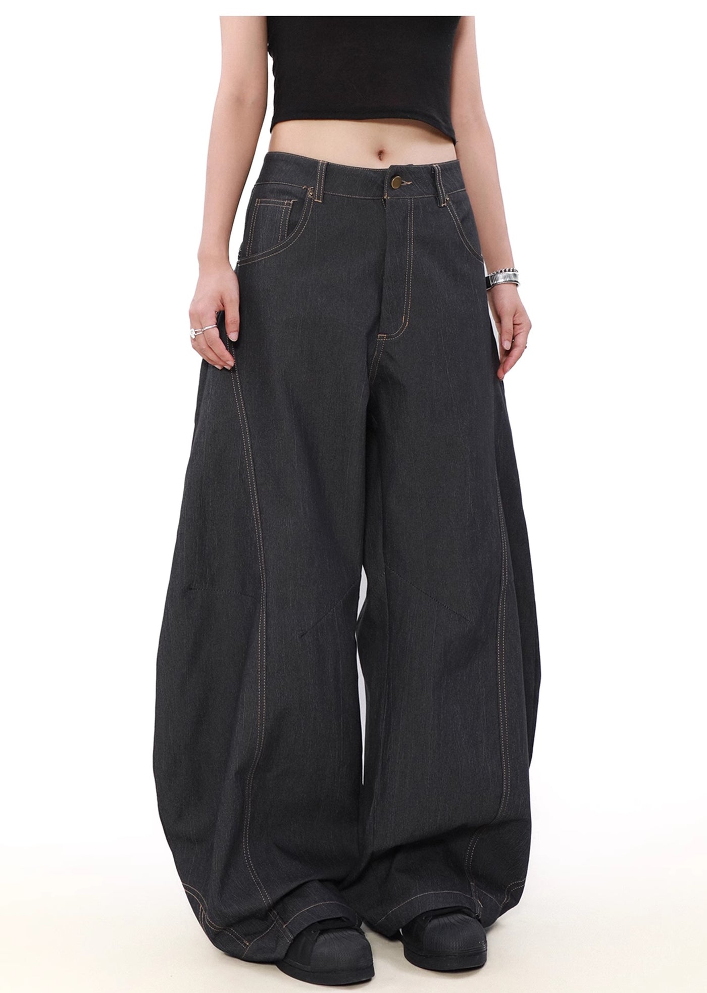 【MR nearly】Rounded silhouette dullness-covering wide design denim pants  MR0131