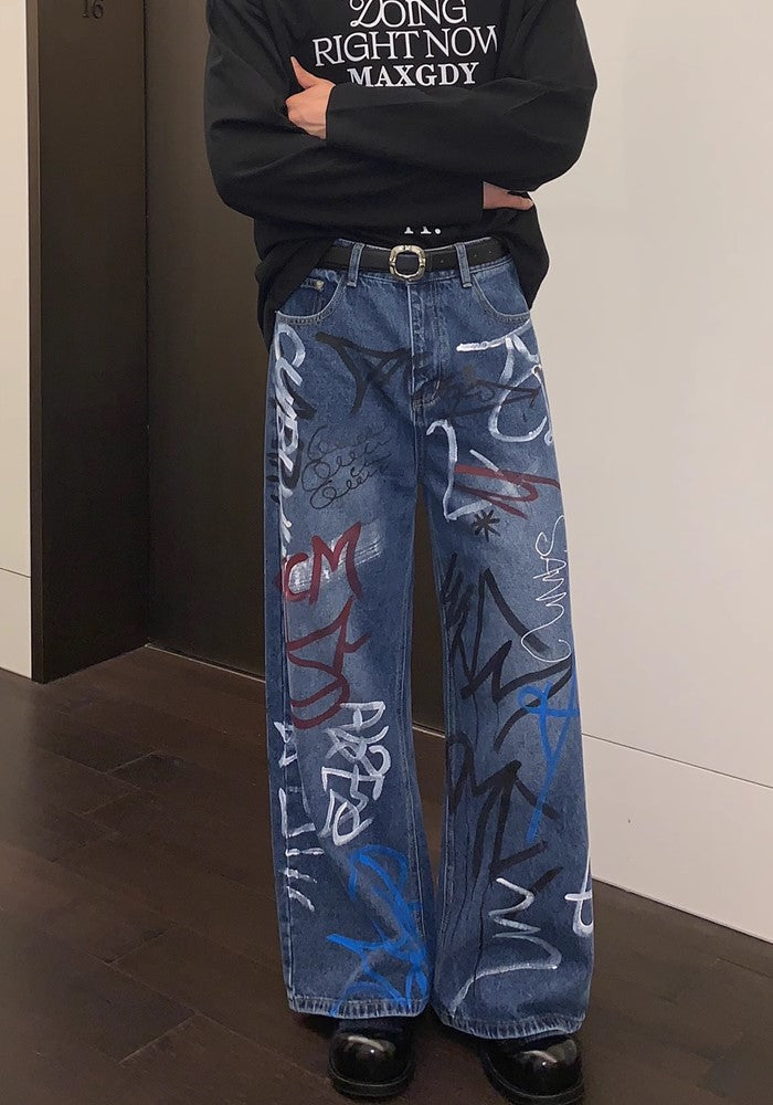 【CUIBUJU】Countless graffiti design casual street wide denim pants  CB0052