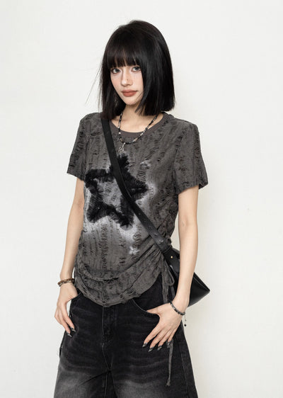【ZERO STORE】Grunge style star design front short sleeve T-shirt  ZS0040
