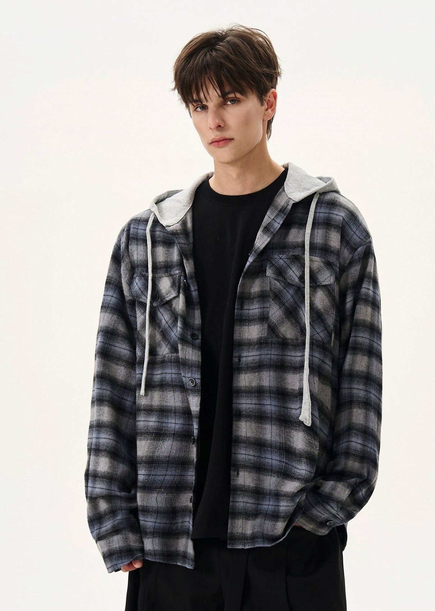 【MAXDSTR】Basic check pattern dull plus shirt-like design hoodie  MD0199