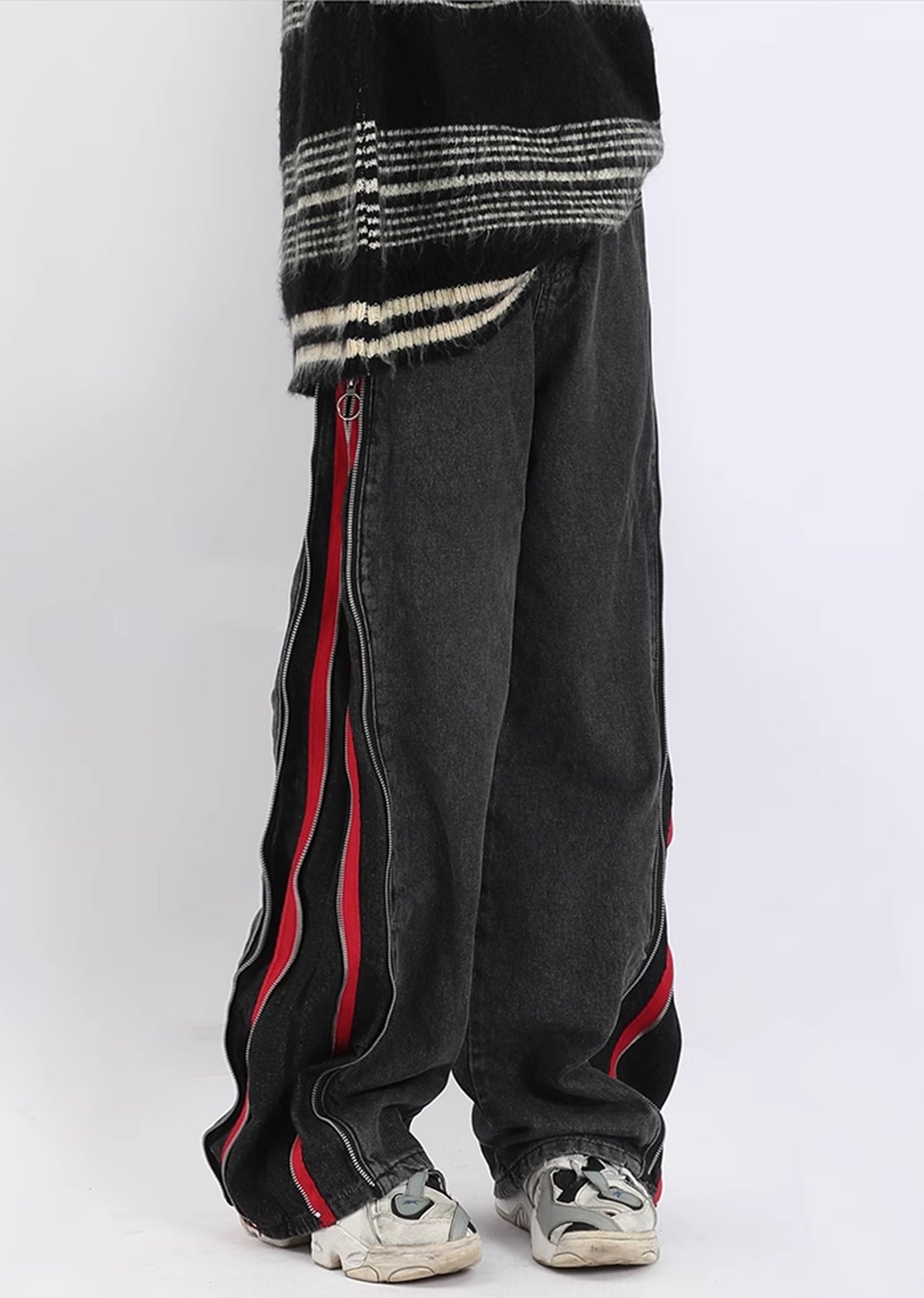 【7/15新作】Red color multiple side line design zipper denim pants  HL3058