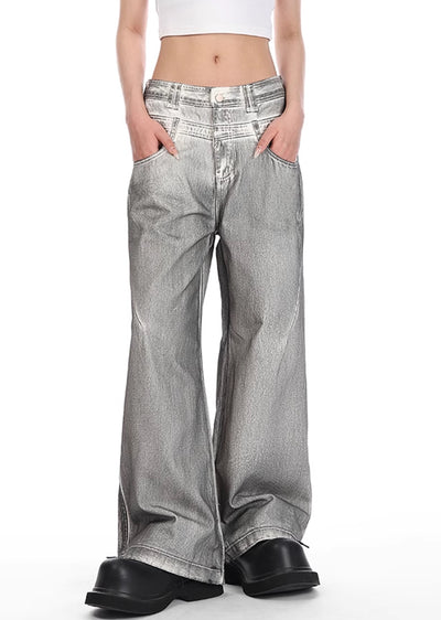 【VINMUK】White gray wide flare silhouette double waist denim pants  VM0009