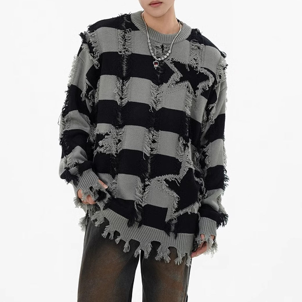 【NIHAOHAO】Fully distressed vintage star pattern knit sweater  NH0163