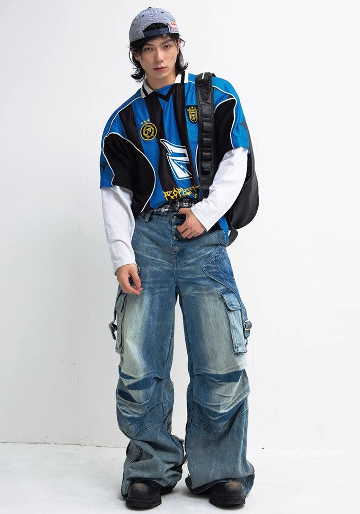 【People Style】Wide base gimmick cargo point mid-wash denim pants  PS0043