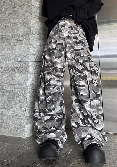 【MARTHENAUT】Dark monotone camouflage color design wide cargo pants  MH0039