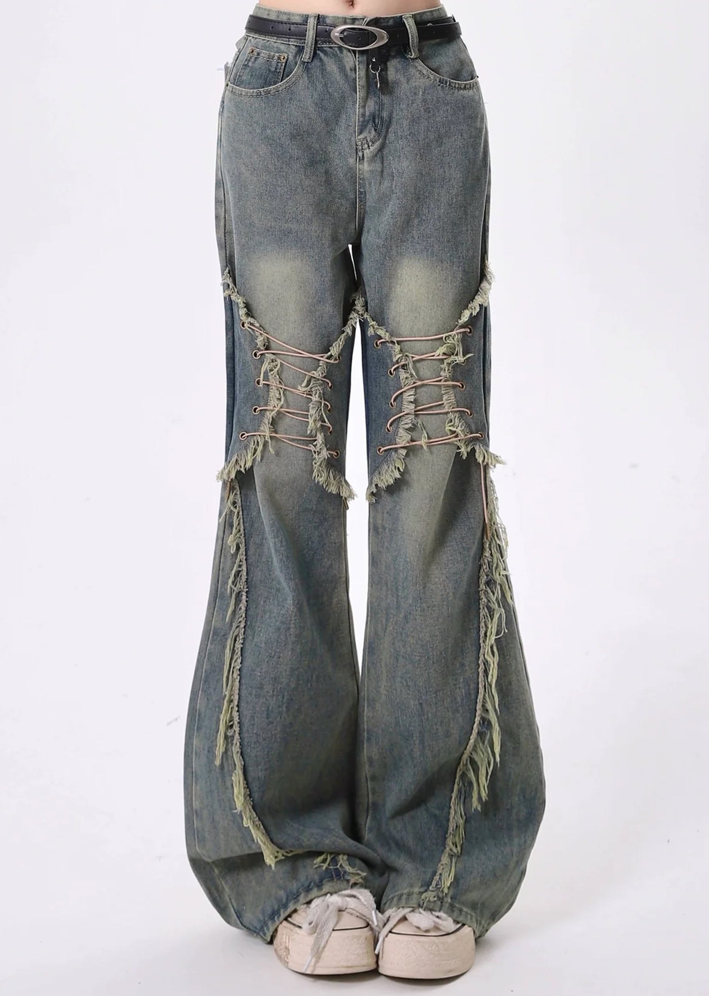 【Rayohopp】Knee fringe shopper design flared denim pants  RH0118