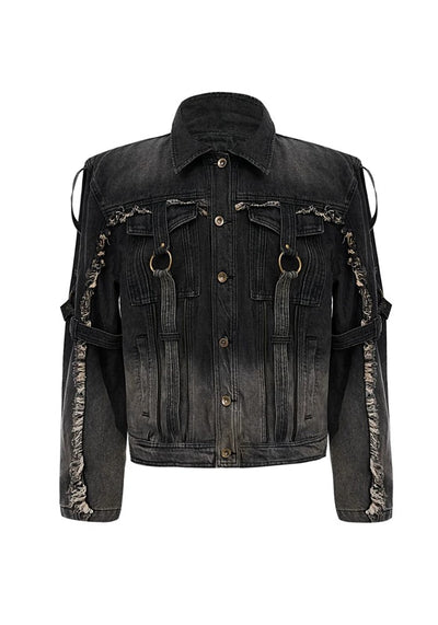 【Culture E】Washed distressed gimmick silhouette design denim jacket  CE0159