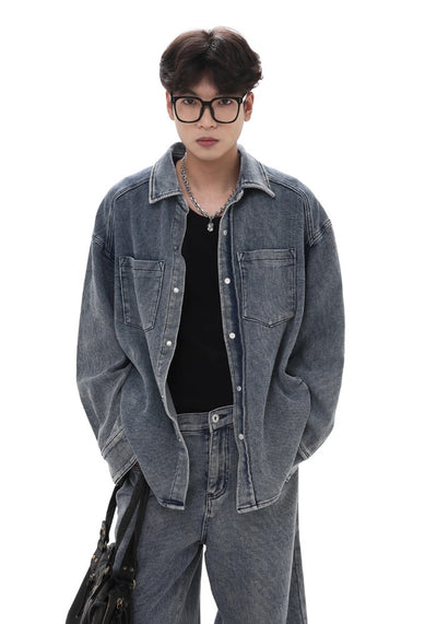 【GIBBYCNA】Tweed dull base blue color loose style long sleeve denim shirt  GC0029