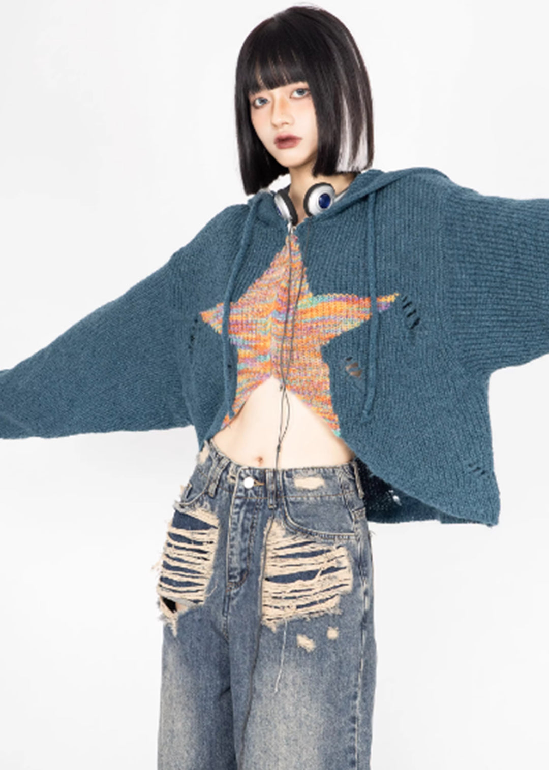 ZERO STORE] Grunge star design short sleeve full zip hoodie ZS0032