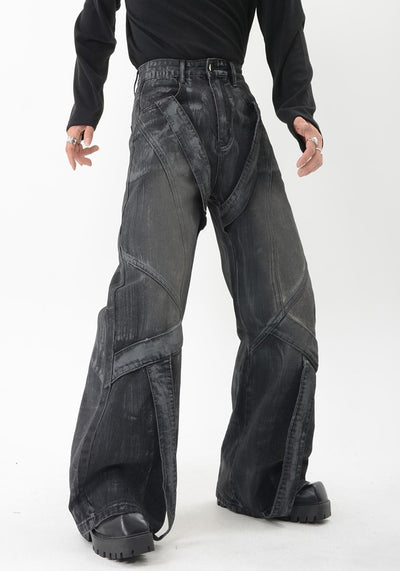 【LUCE GARMENT】Full line design dark dull design wide flare denim pants  LG0059