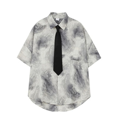 【ANAMONE】Random wash design collar tie set short sleeve shirt  AO0009
